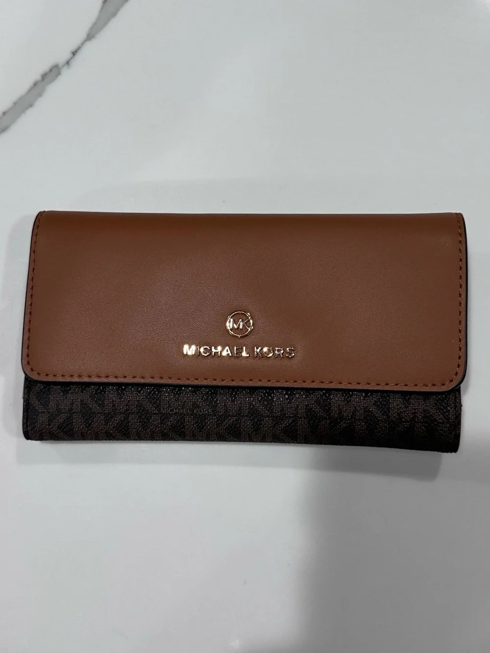 Michael Kors Cognac and Dark Brown Zip Continental Wallet with Gold Hardware